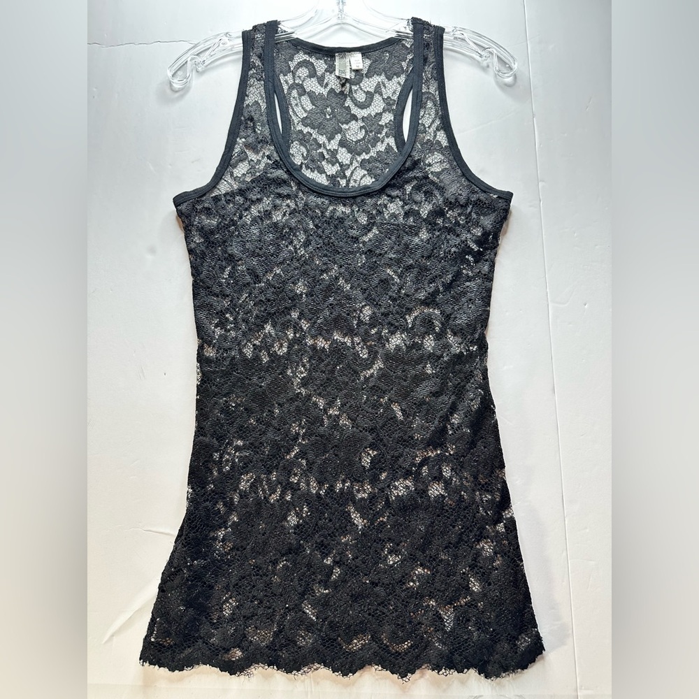 BKE Black Lace Overlay Tank Top M Floral Sheer Lace Sleeveless Made in Canada - Picture 6 of 12